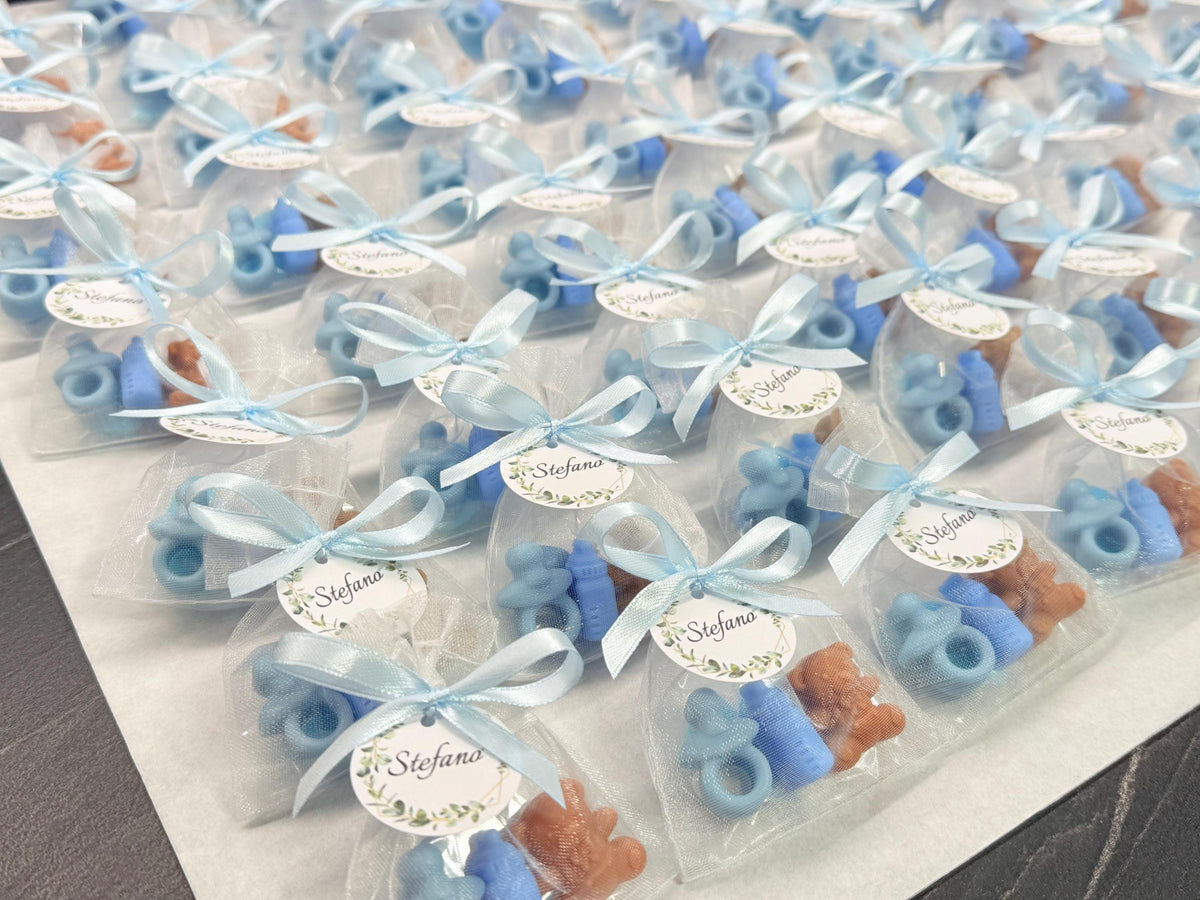 Mini "BIRTH" Soap with organza bag, 5 heart-shaped sugared almonds and personalized tag