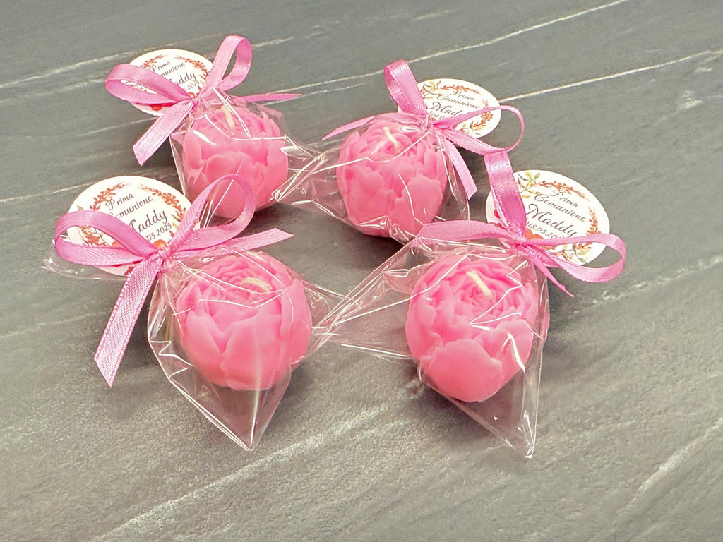 BOUGIE BOURGEON de PIVOINE inodore avec sachet transparent et étiquette personnalisée/mariage/anniversaire/baptême/naissance/communion/diplôme
