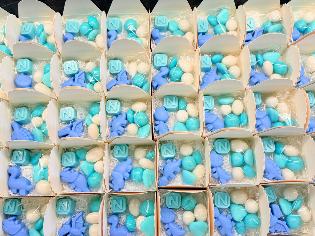 Savon "DINOSAURES MIXTES + Lettre" avec boîte, confettis et étiquette personnalisée