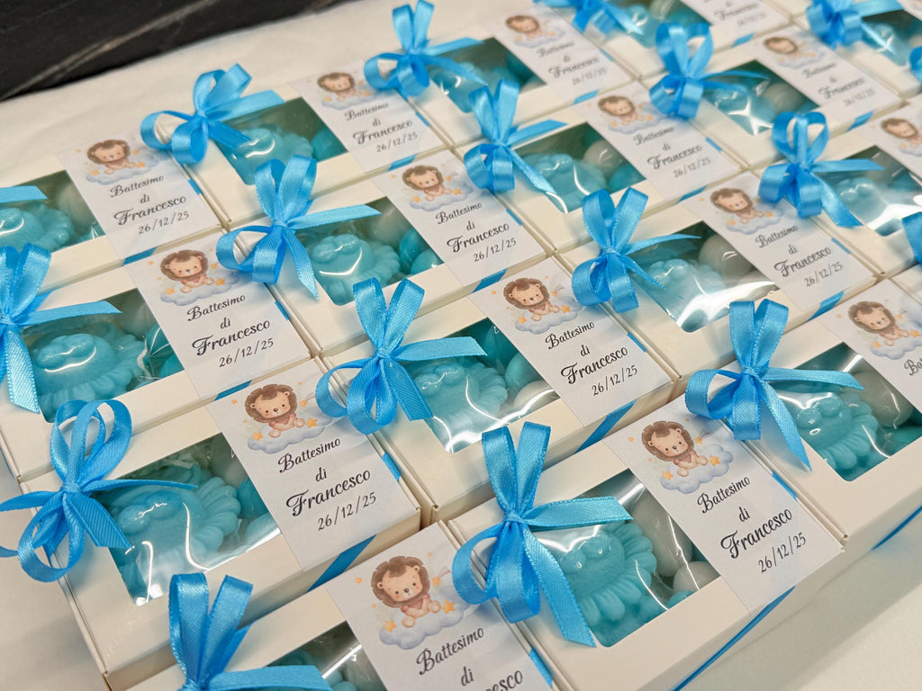 SAVON LIONCEAU PERSONNALISÉ avec boîte et dragées/bonbonnières baptême/naissance/anniversaire enfants/baby shower/Safari/cadeau pour invités