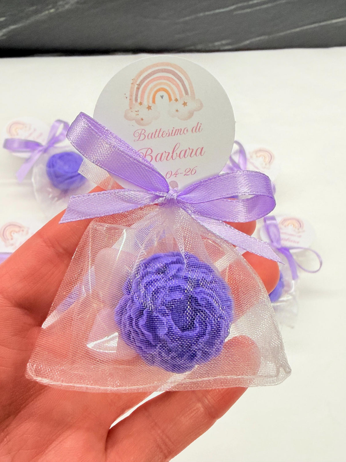 MIXED SOAP "PICCOLI FIORI" with organza bag, 5 heart-shaped confetti, and personalized tag