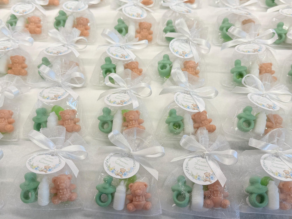 Mini "BIRTH" Soap with organza bag, 5 heart-shaped sugared almonds and personalized tag