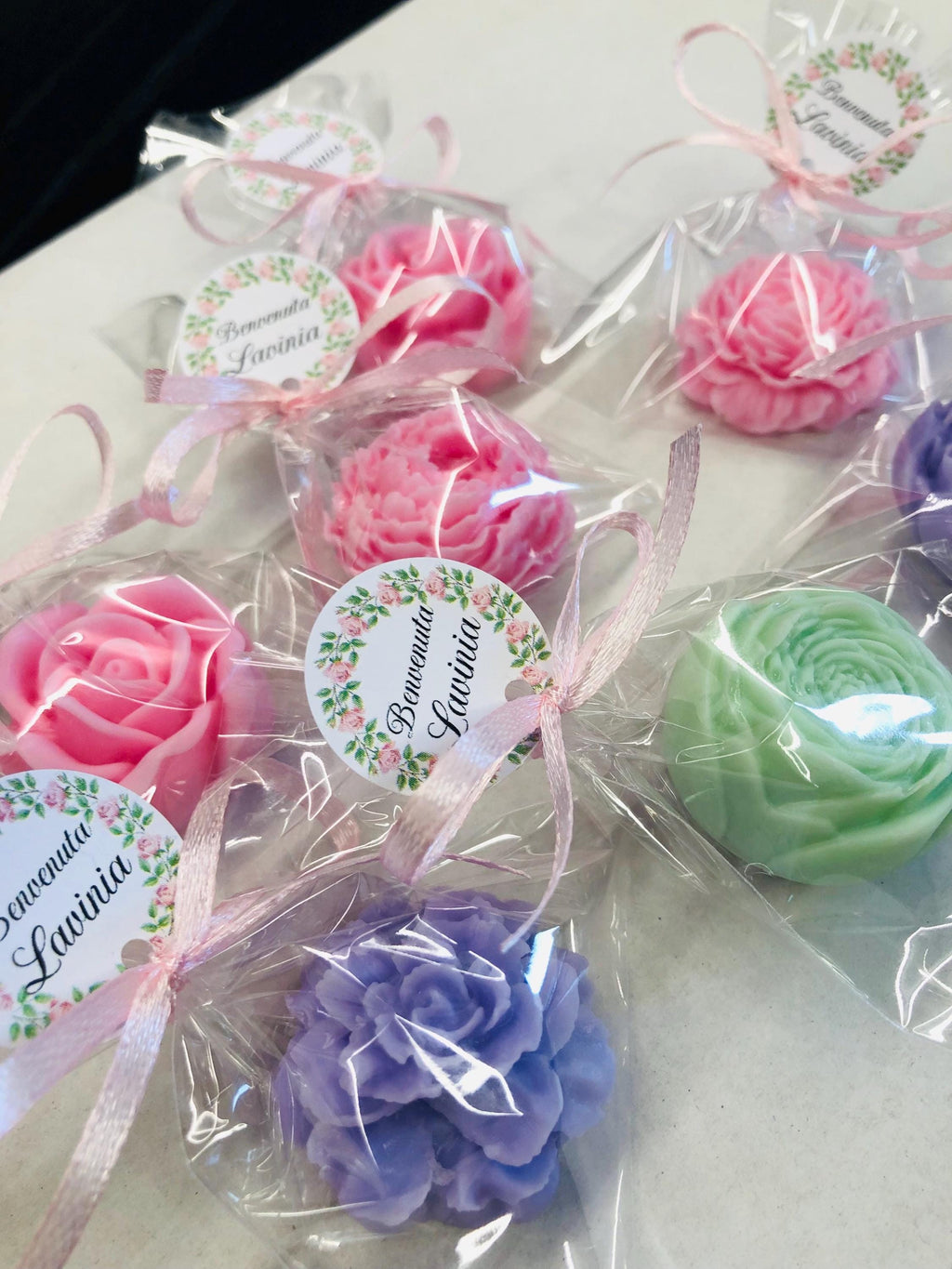 SAVON PETITES FLEURS mixtes avec sachet transparent personnalisé/cadeaux invités communion/confirmation/baptême/anniversaire/diplôme/mariage