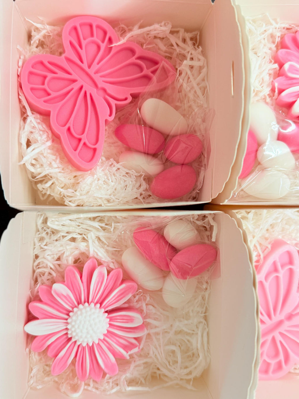 "BUTTERFLY and DAISY SOAP" mix with box, sugared almonds, and personalized tag