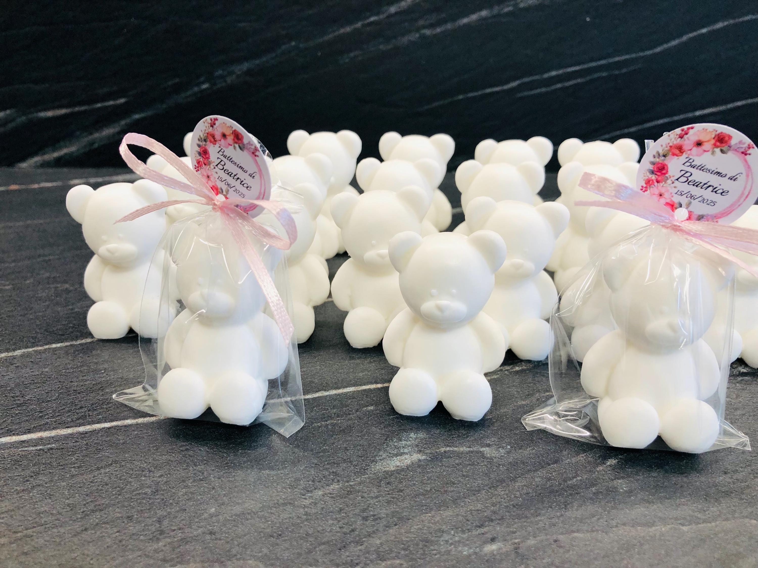 SAVON OURSON BLANC inodore avec sachet transparent et étiquette personnalisée/dragées baptême/baby shower/naissance/anniversaire enfants