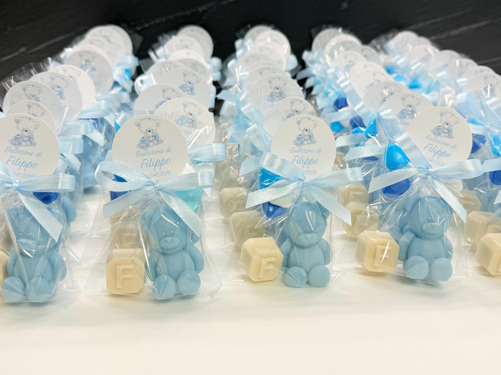 "BEAR + LETTER" SOAP with 5 heart-shaped confetti, clear bag, and personalized tag