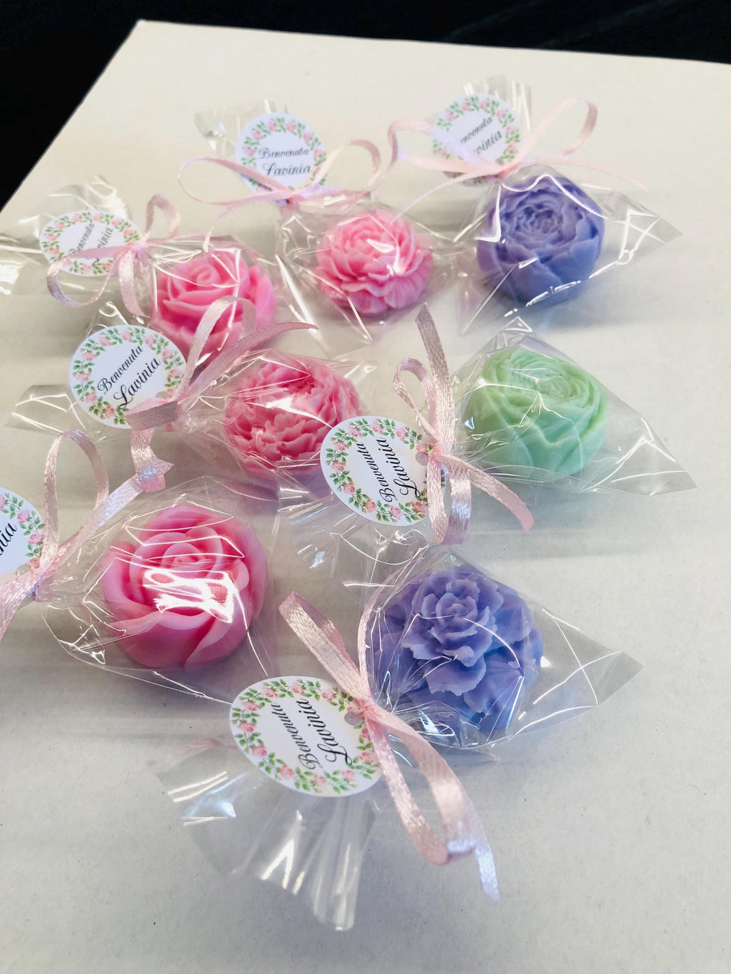 SAVON PETITES FLEURS mixtes avec sachet transparent personnalisé/cadeaux invités communion/confirmation/baptême/anniversaire/diplôme/mariage