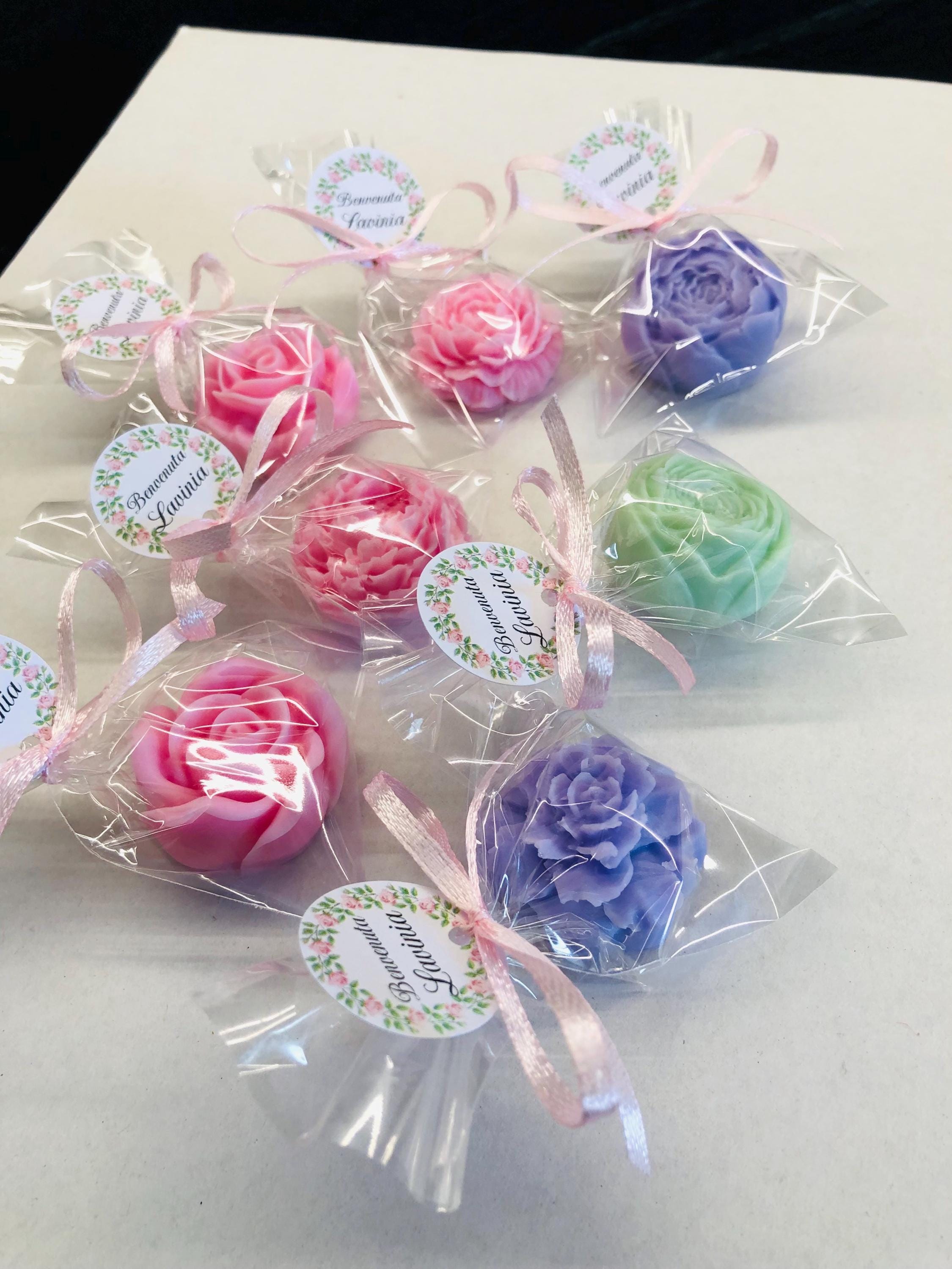 SAVON PETITES FLEURS mixtes avec sachet transparent personnalisé/cadeaux invités communion/confirmation/baptême/anniversaire/diplôme/mariage