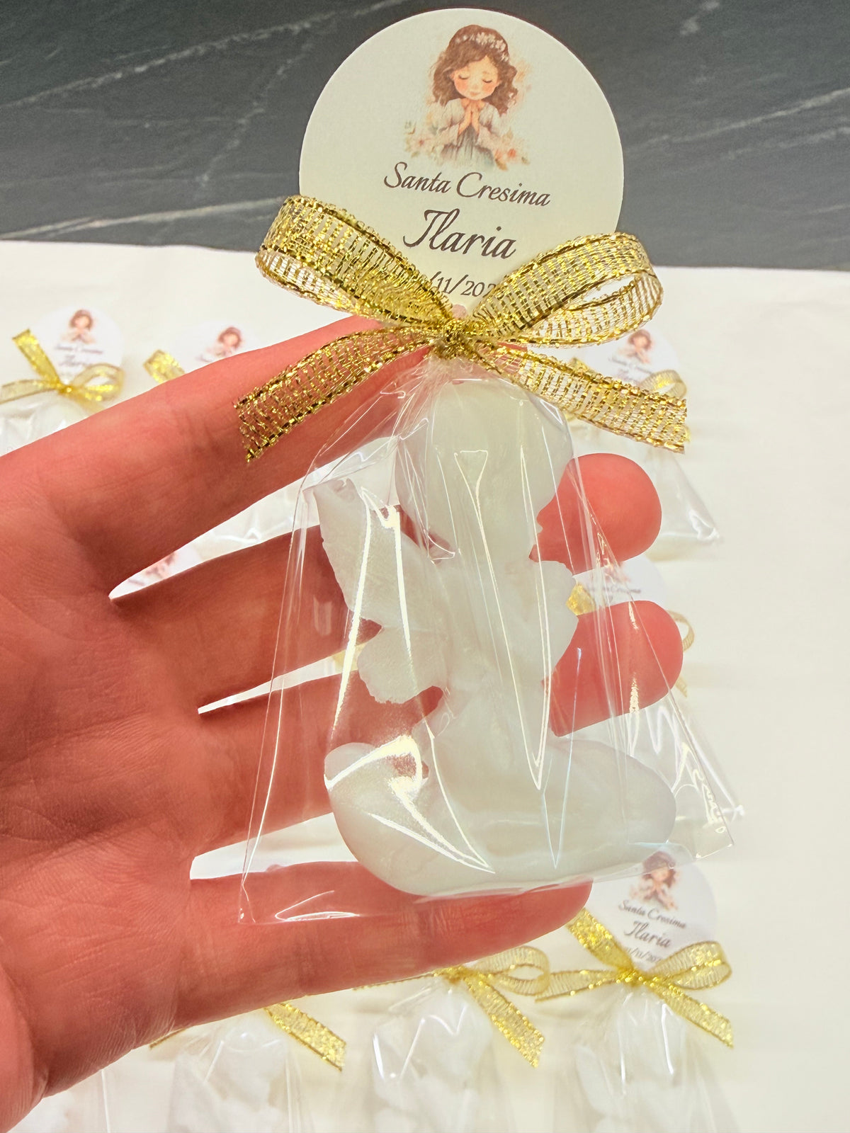 Sapone angioletto con sacchetto trasparente – bomboniera personalizzata per comunione e cresima