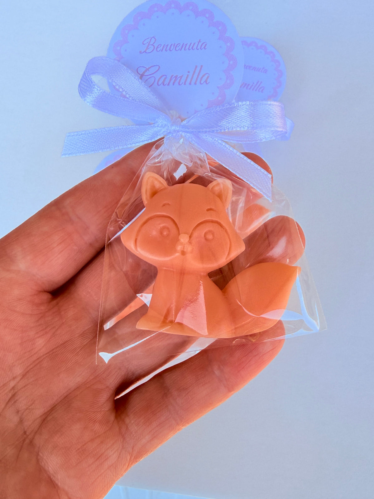 Sapone volpina con sacchetto trasparente e tag personalizzato – bomboniera per battesimo e nascita